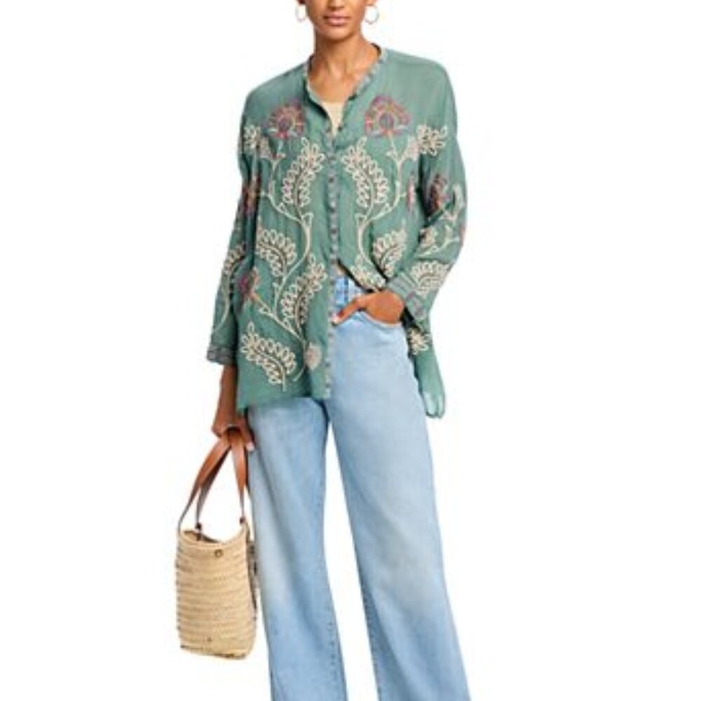 Johnny Was Martina Slim Audrey Floral Embroidered Tunic Women Vintage Green XS